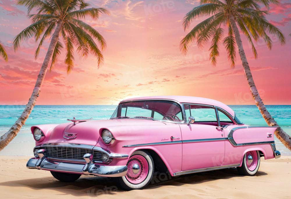 Zomer zonsondergang roze auto strandachtergrond ontworpen door Chain Photography