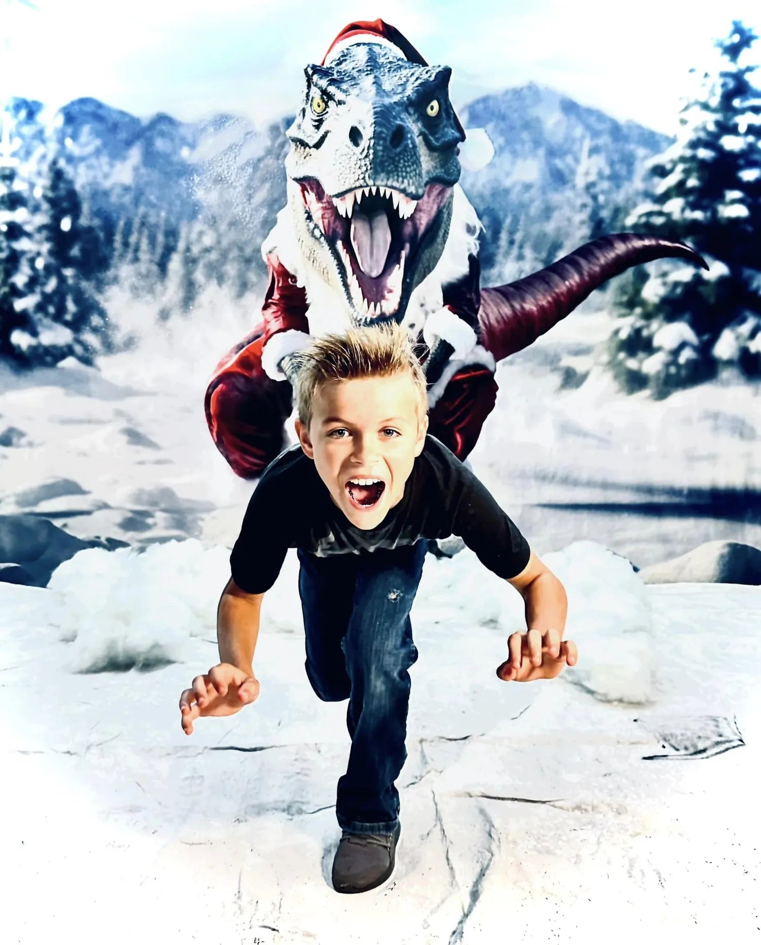 T-Rex met kerstman kostuum in winterse achtergrond ontworpen door Mini MakeBelieve