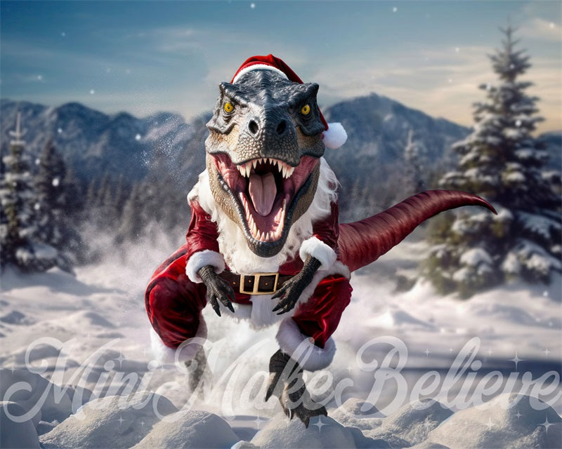 T-Rex met kerstman kostuum in winterse achtergrond ontworpen door Mini MakeBelieve