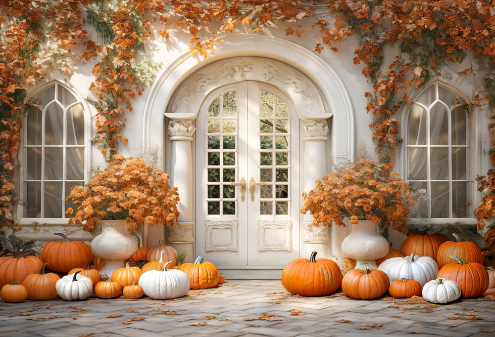 Kate Autumn Pumpkin Maple Leaves White Door Backdrop Designed by Emetselch