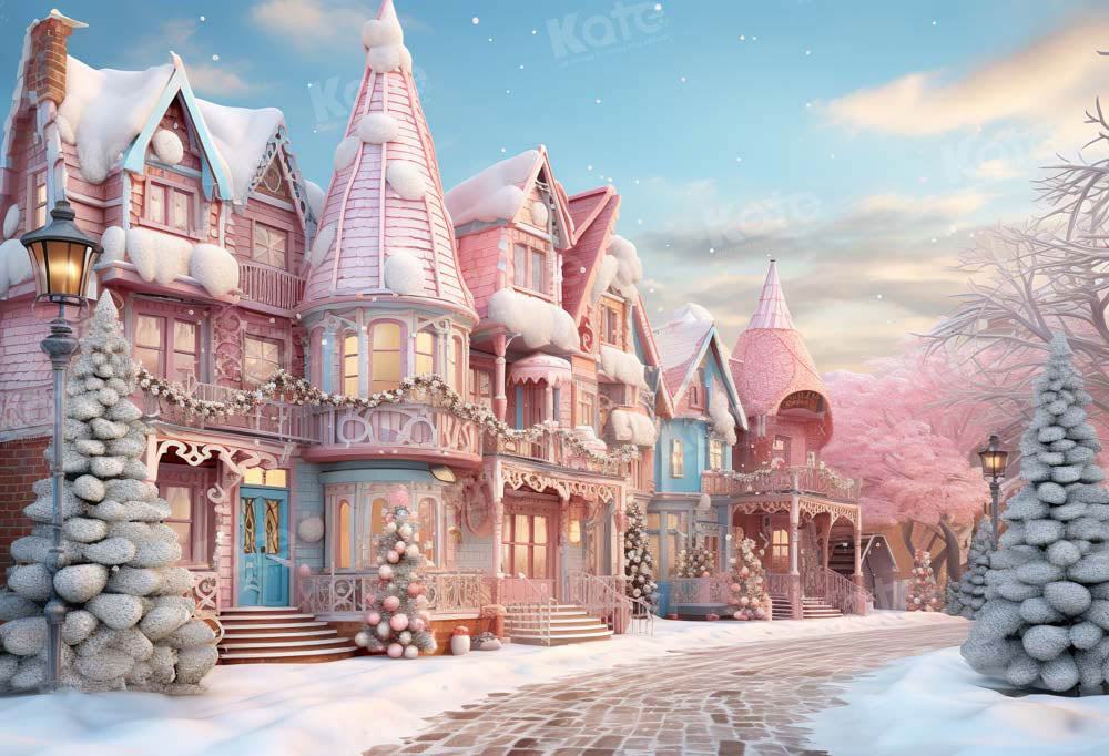 Kate Pink Christmas Street House Printed Backdrop Designed by Emetselch
