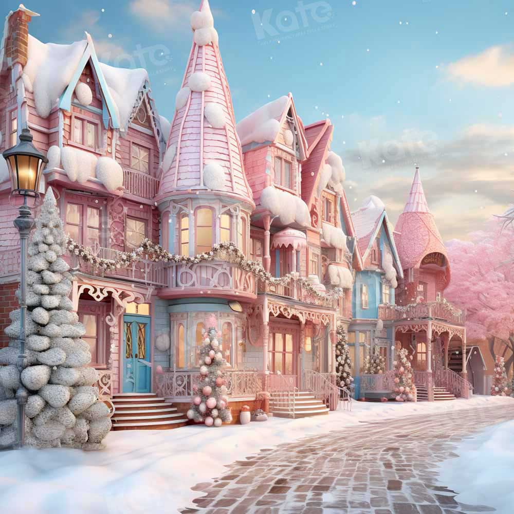 Kate Pink Christmas Street House Printed Backdrop Designed by Emetselch