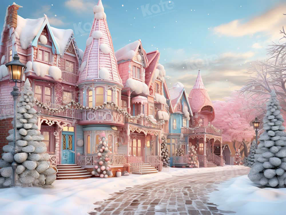 Kate Pink Christmas Street House Printed Backdrop Designed by Emetselch