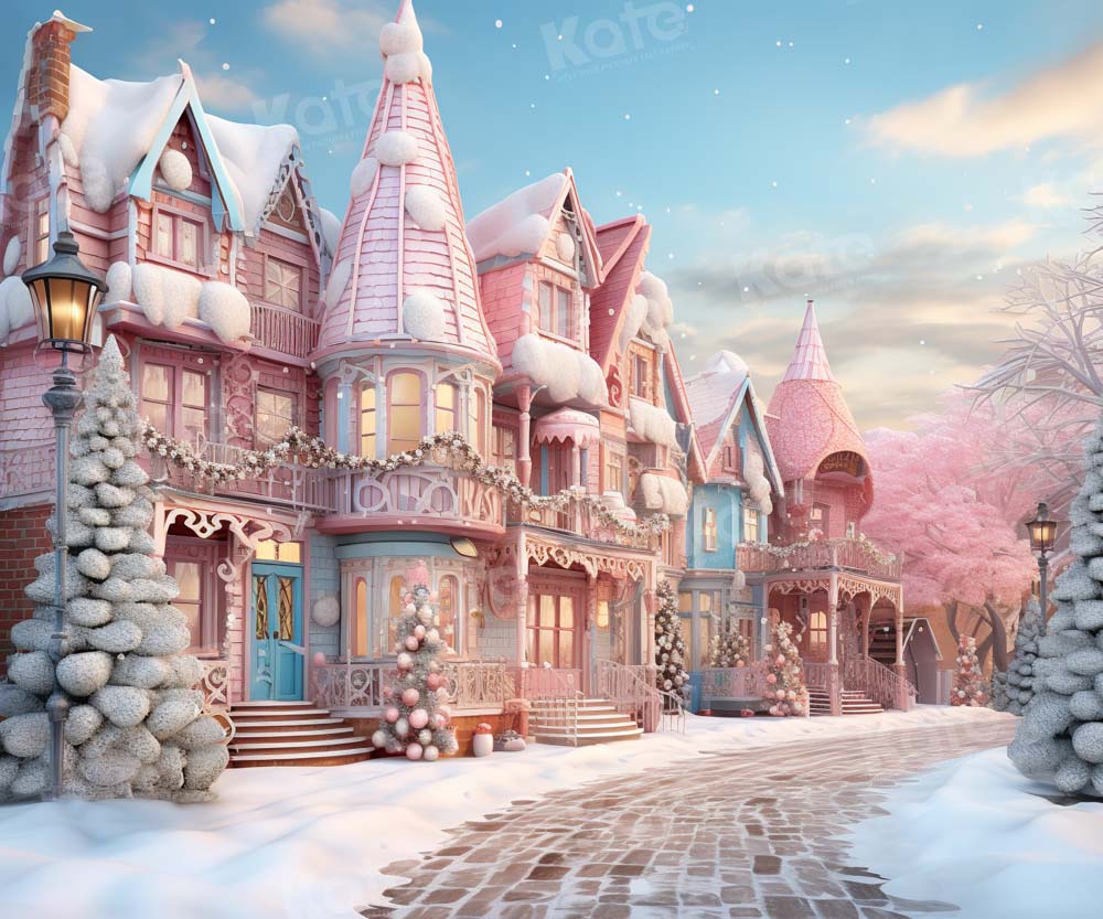 Kate Pink Christmas Street House Printed Backdrop Designed by Emetselch