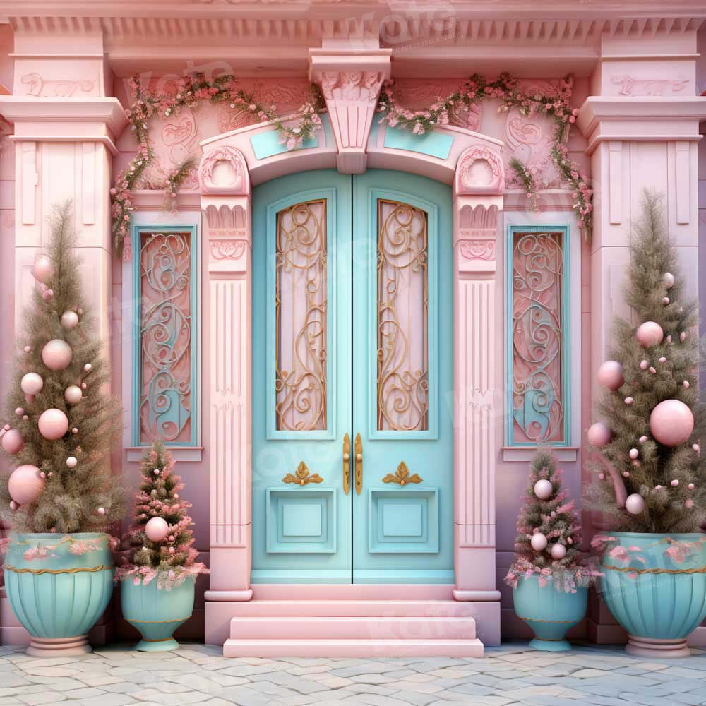 Fondo de Casa Rosada de Navidad con Puerta Azul Diseñado por Emetselch