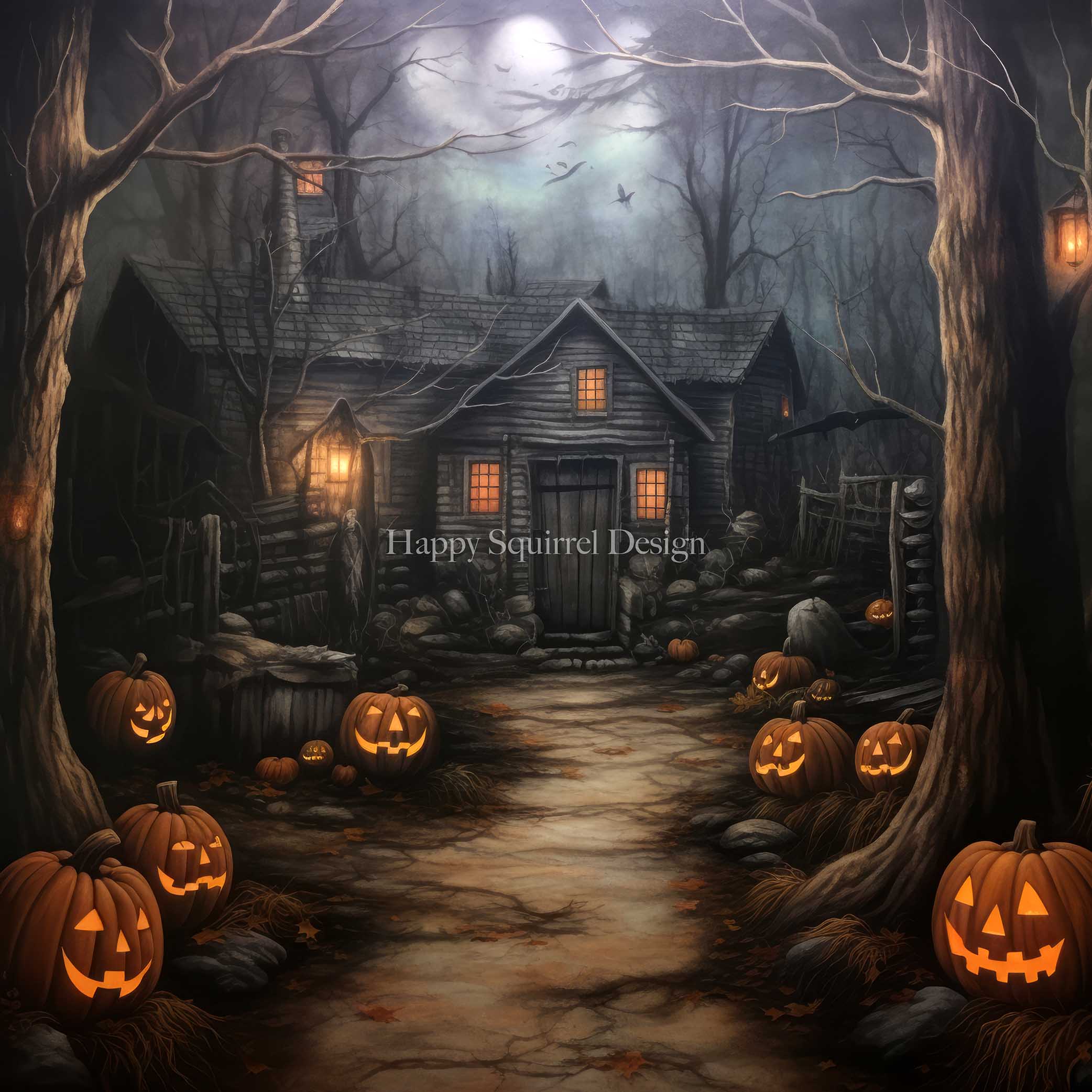 Kate Halloween House in the Woods Backdrop Designed by Happy Squirrel Design