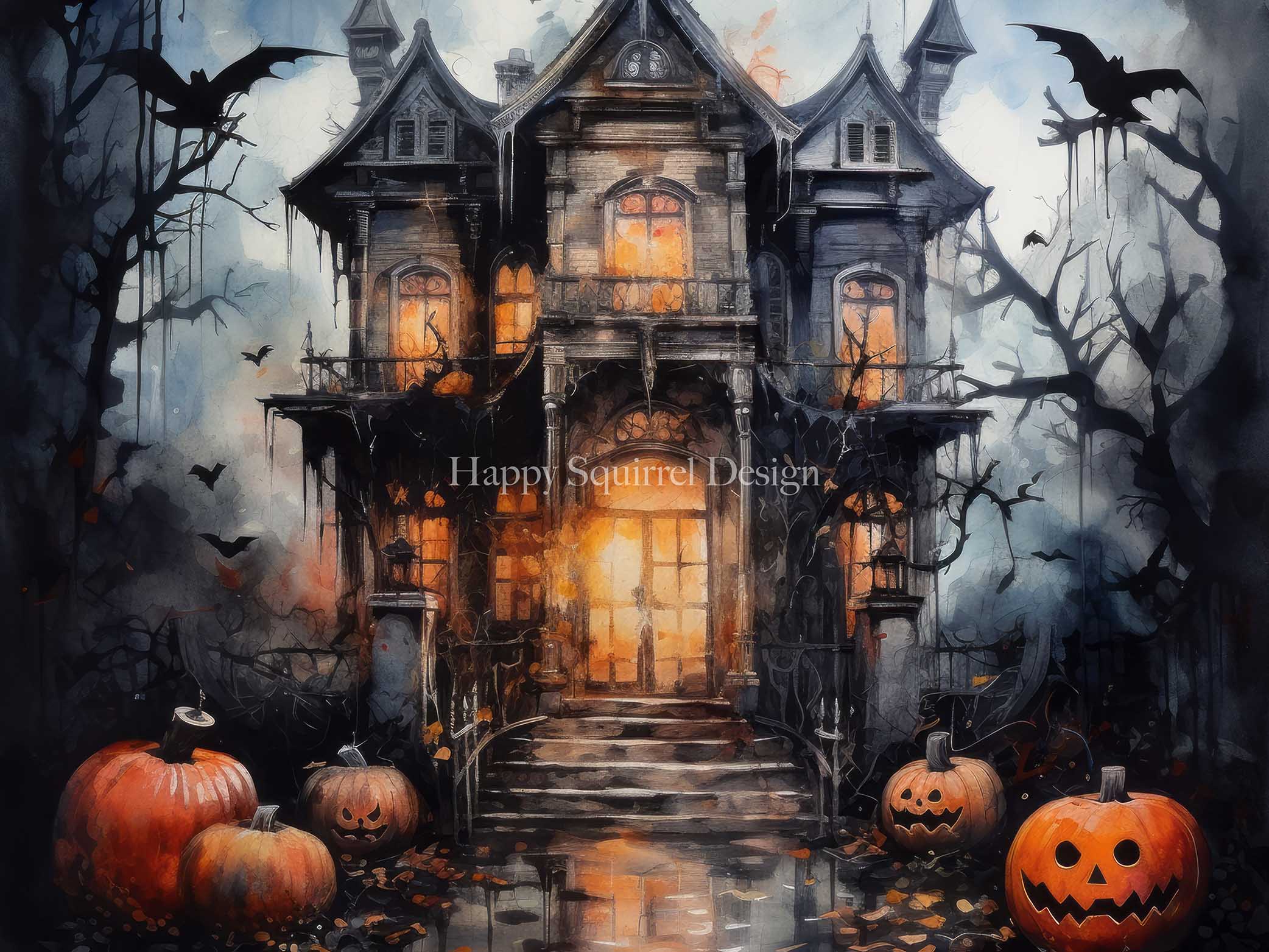 Kate Halloween Spooky Watercolor Mansion Backdrop Designed by Happy Squirrel Design