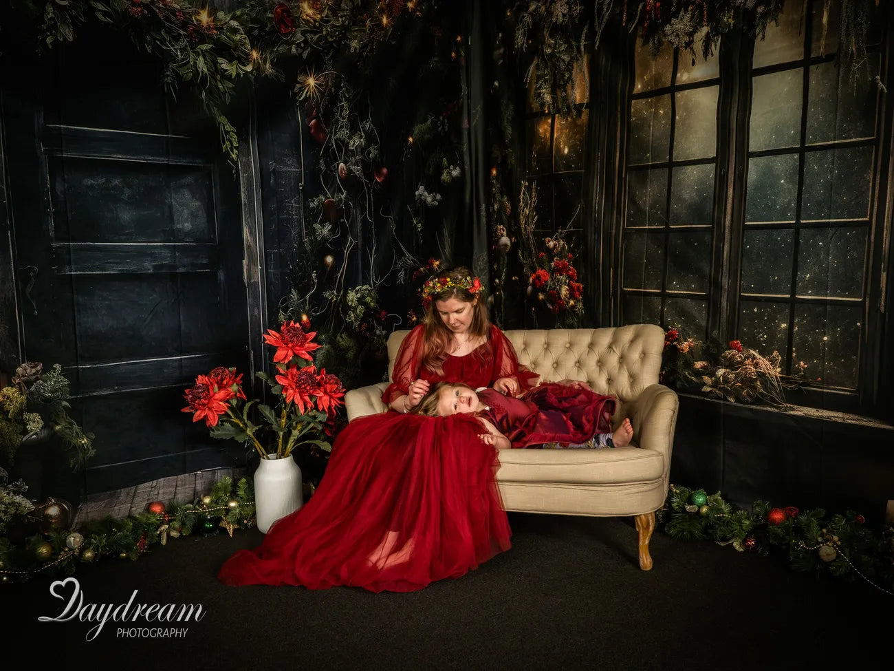 Kate Christmas Holly Window Black Wall Backdrop Designed by Angela Miller