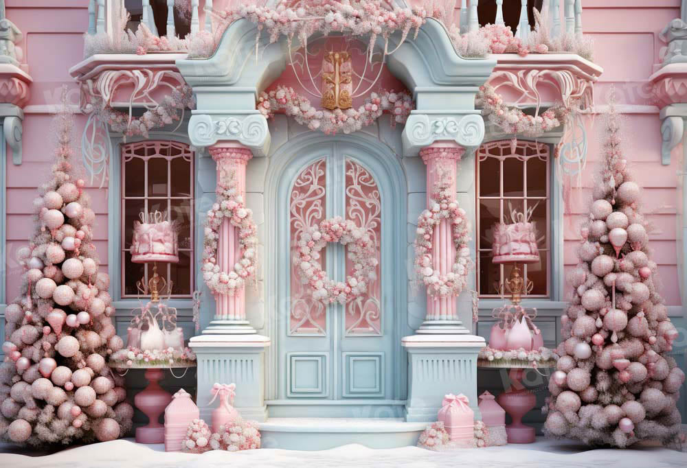 Winter Kerst Roze Huis met Blauwe Deur Foto Achtergrond Ontworpen door Emetselch