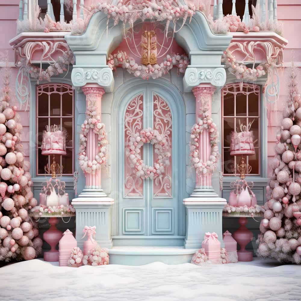 Winter Kerst Roze Huis met Blauwe Deur Foto Achtergrond Ontworpen door Emetselch