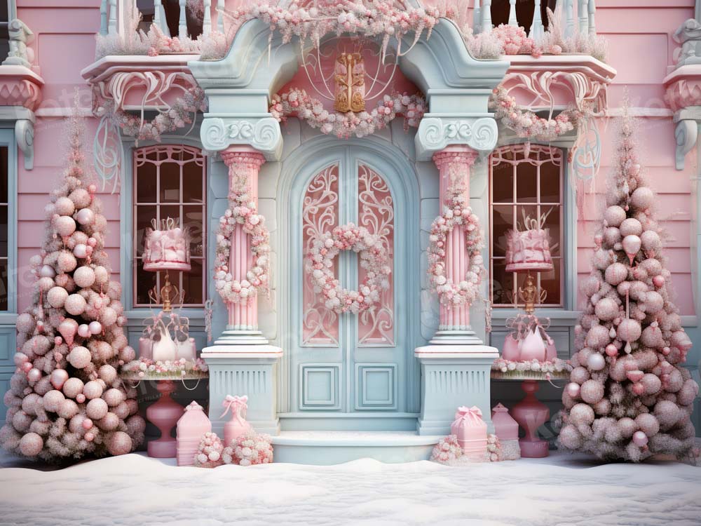 Winter Kerst Roze Huis met Blauwe Deur Foto Achtergrond Ontworpen door Emetselch