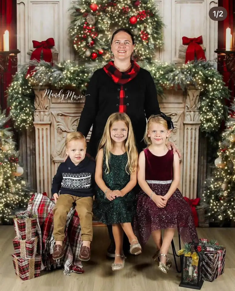 Kate Christmas Tree Fireplace Red Fleece Backdrop Designed by Emetselch