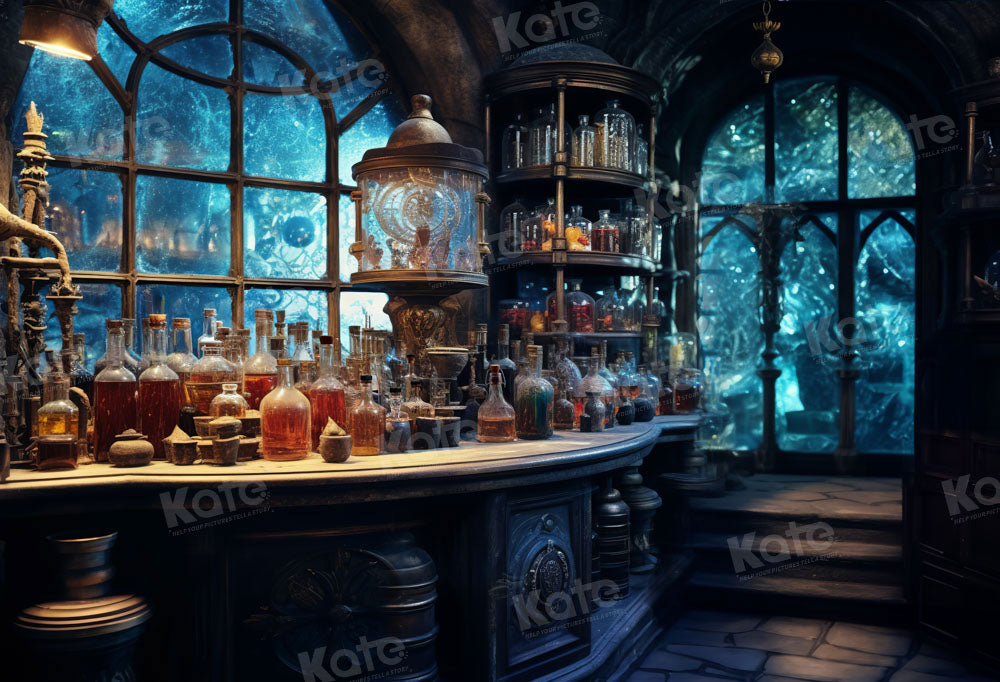 Middeleeuws Magisch Laboratorium Blauwe Foto Achtergrond Ontworpen door Emetselch