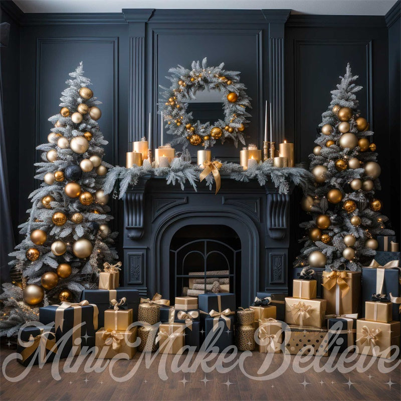 Kate Christmas Tree Winter Navy Fireplace Gold Ornaments Gifts Backdrop Designed by Mini MakeBelieve