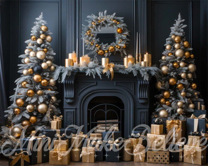 Kate Christmas Tree Winter Navy Fireplace Gold Ornaments Gifts Backdrop Designed by Mini MakeBelieve