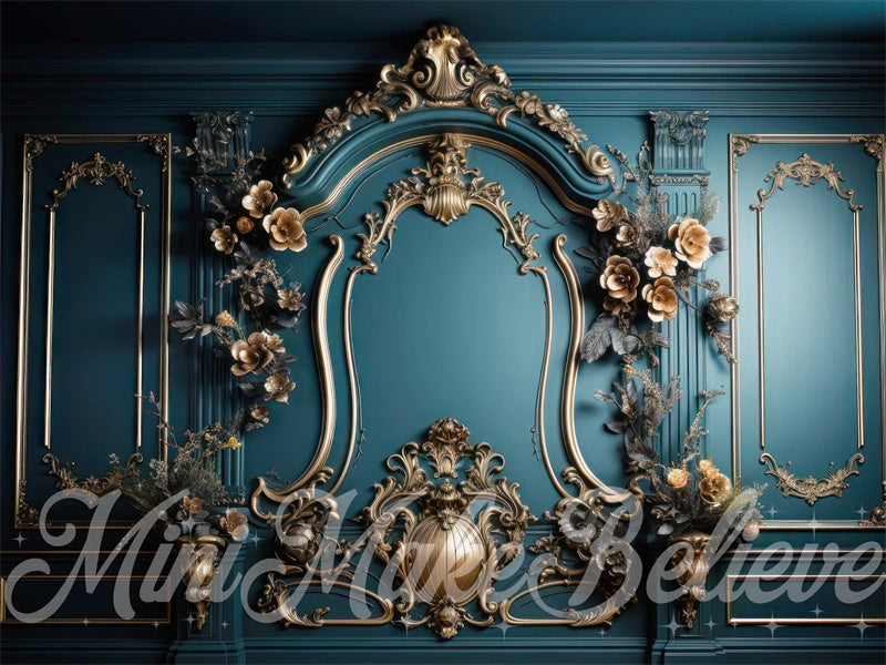 Kate Luxury Ornate Rococo Gold Teal Turquoise Wall Backdrop Designed by Mini MakeBelieve