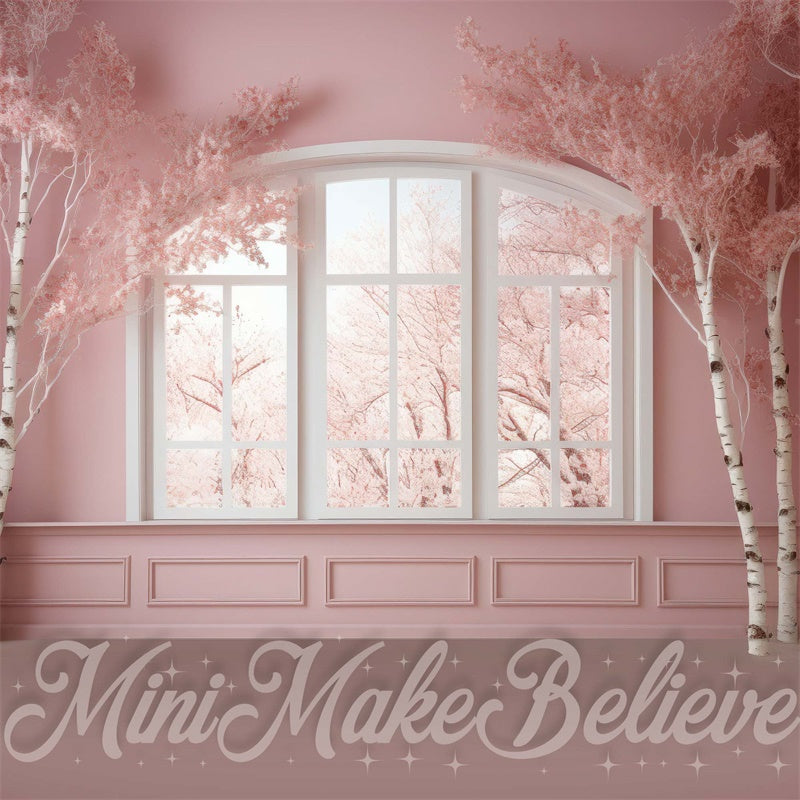 Diseñado por Mini MakeBelieve: Fondo de árboles de abedul en la ventana de la habitación rosa de invierno de Navidad