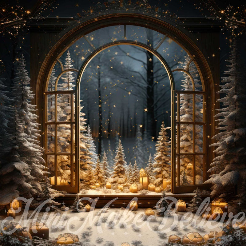 Kate Winter Christmas Tree Window Snow Night Backdrop Designed by Mini MakeBelieve
