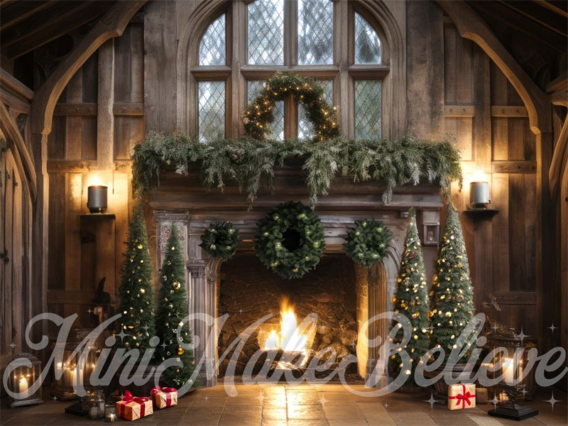 Kate Winter Christmas Trees Rustic Cabin Fireplace Luxury Backdrop Designed by Mini MakeBelieve