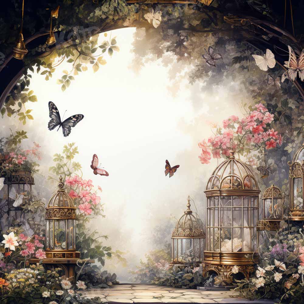 Lentebloementuin-achtergrond met vlinders ontworpen door Chain Photography