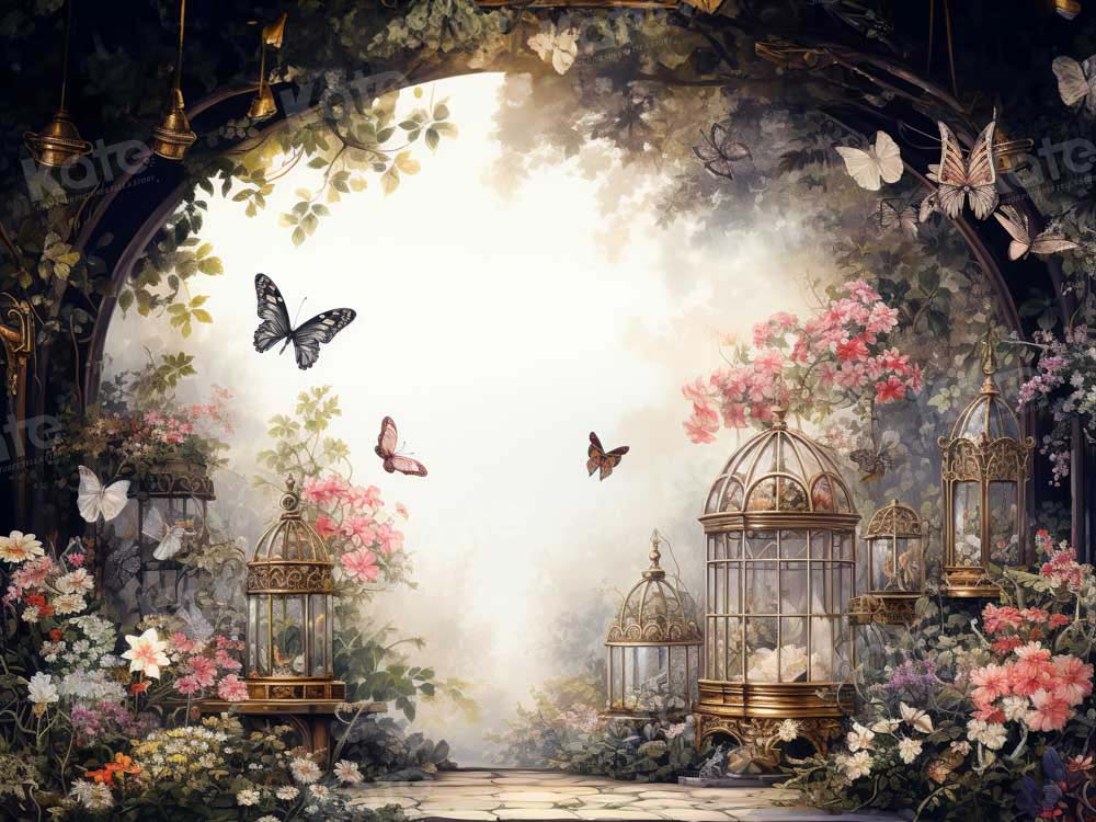 Lentebloementuin-achtergrond met vlinders ontworpen door Chain Photography