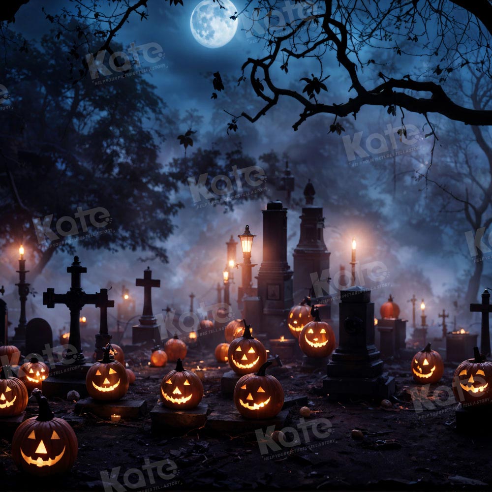 Kate Halloween Spooky Pumpkin Graveyard Night Moon Backdrop for Photography