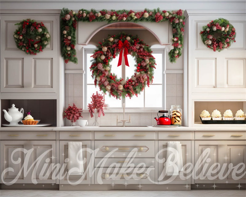 Kerstkeuken met lange strikkenachtergrond ontworpen door Mini MakeBelieve