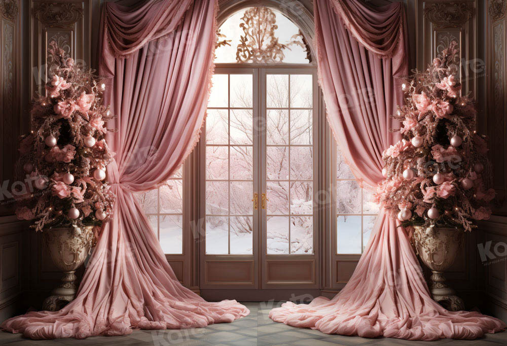 Kate Winter Pink Christmas Room Window Backdrop Designed by Chain Photography