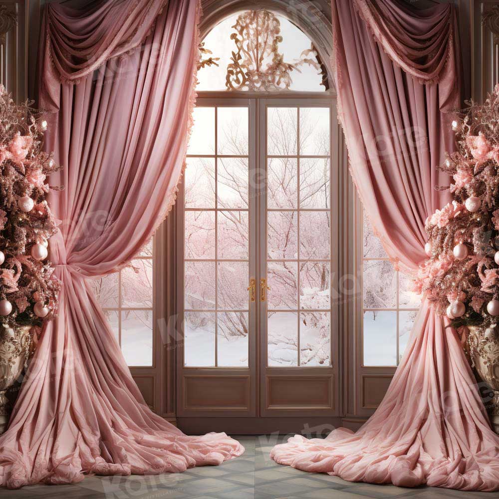 Kate Winter Pink Christmas Room Window Backdrop Designed by Chain Photography