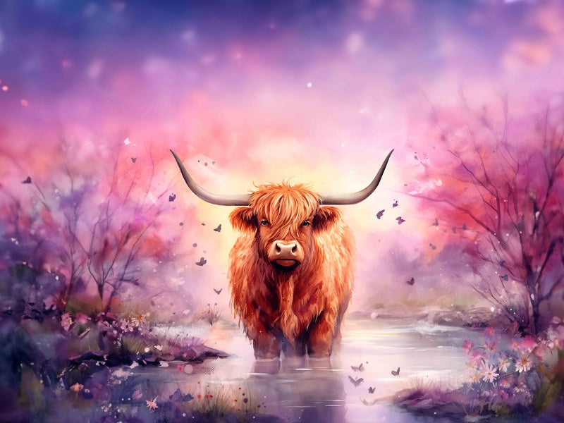 Highland Cow Floral Girls Wallpaper