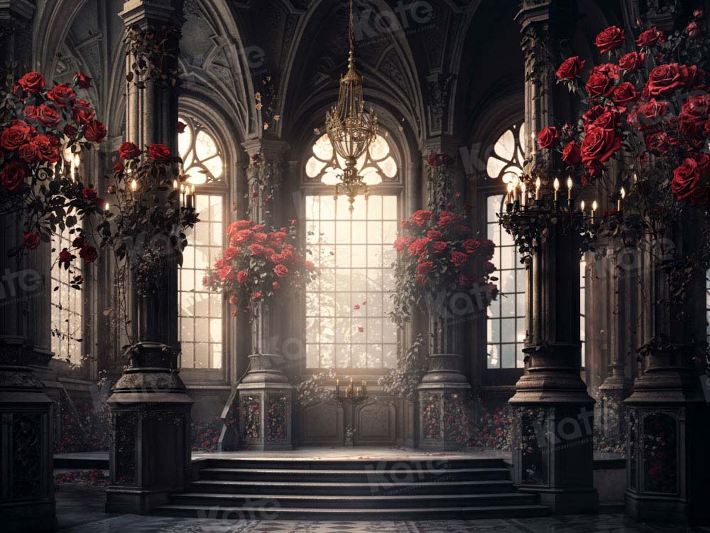 Kate Valentine's Day Rose Dark Retro House Backdrop Designed by Emetselch