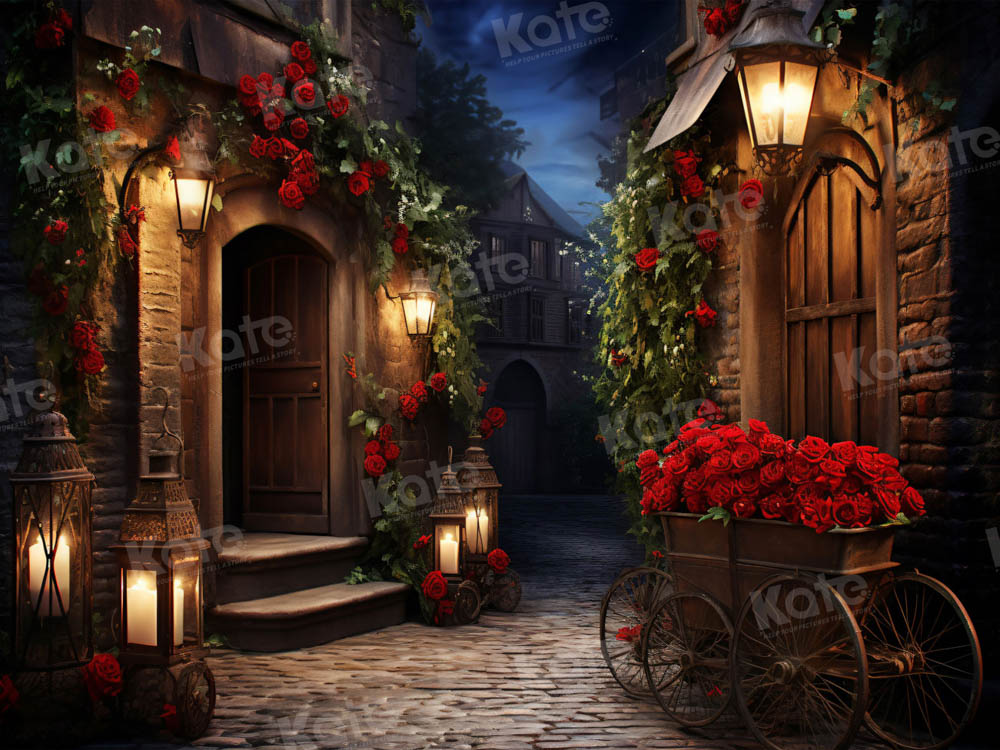 Kate Valentine's Day Rose Cart on Night Retro Street Backdrop for Photography