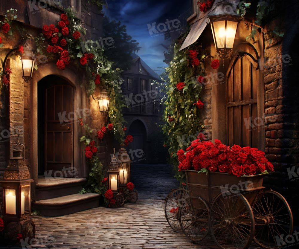 Kate Valentine's Day Rose Cart on Night Retro Street Backdrop for Photography