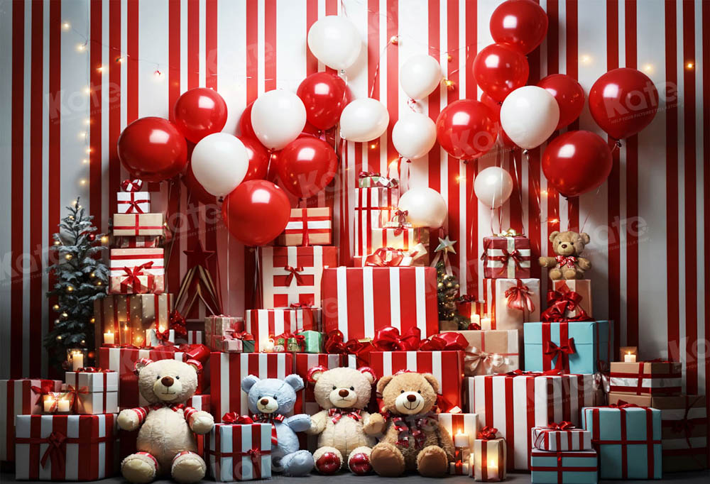 Kate Christmas Teddy Bear Red Balloon Gifts Backdrop for Photography