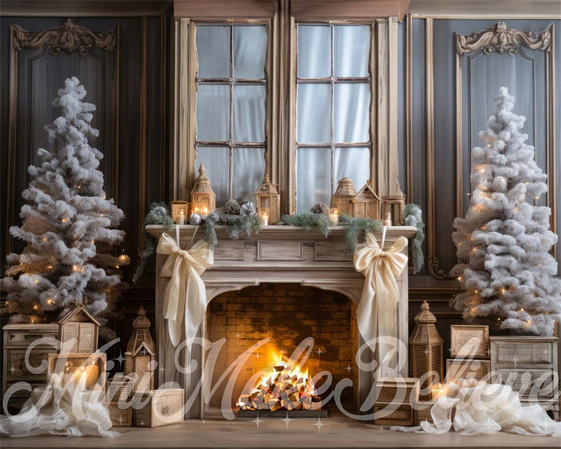 Fondo de chimenea de invierno de Navidad transicional blanco y 'shabby chic' natural diseñado por Mini MakeBelieve