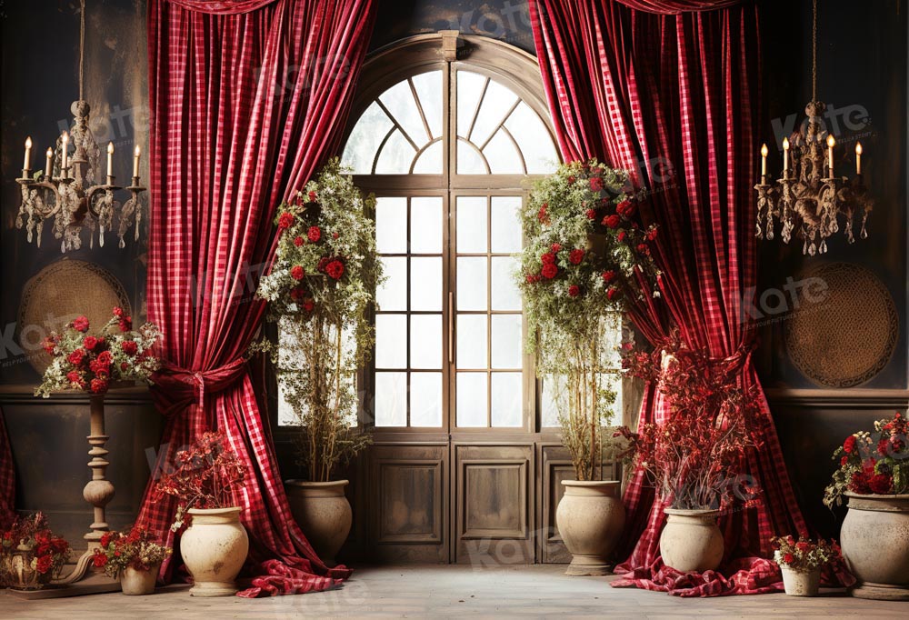 Kate Valentine's Day Red Curtain with Flower Window Backdrop for Photography