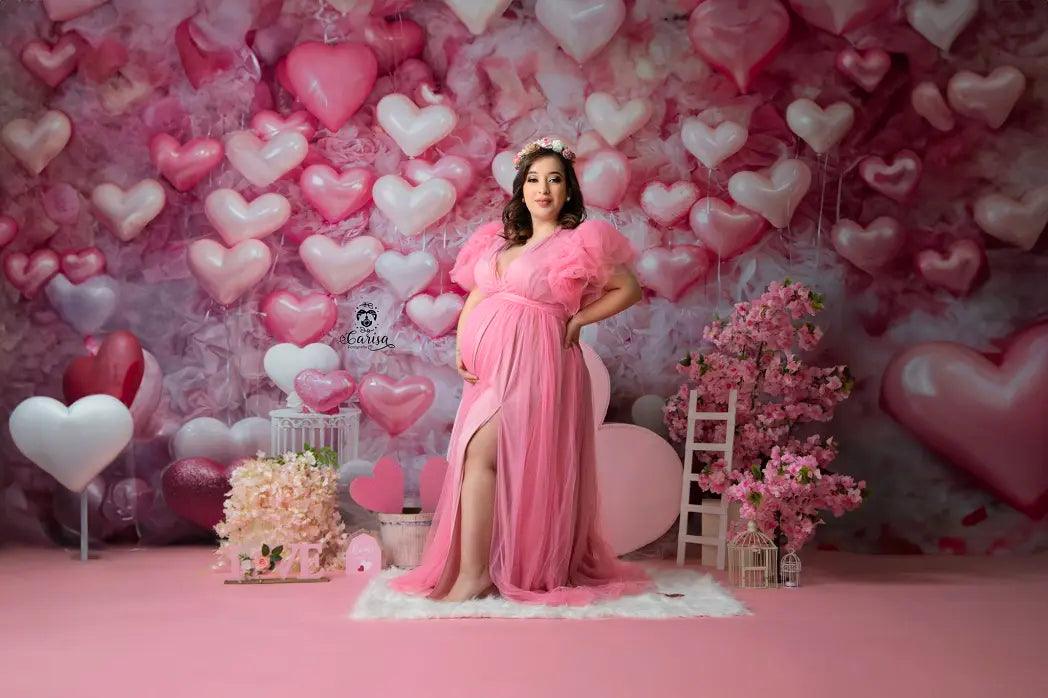 Kate Valentine's Day Pink Love Heart Balloon Romantic Room Printed Backdrop Designed by Emetselch