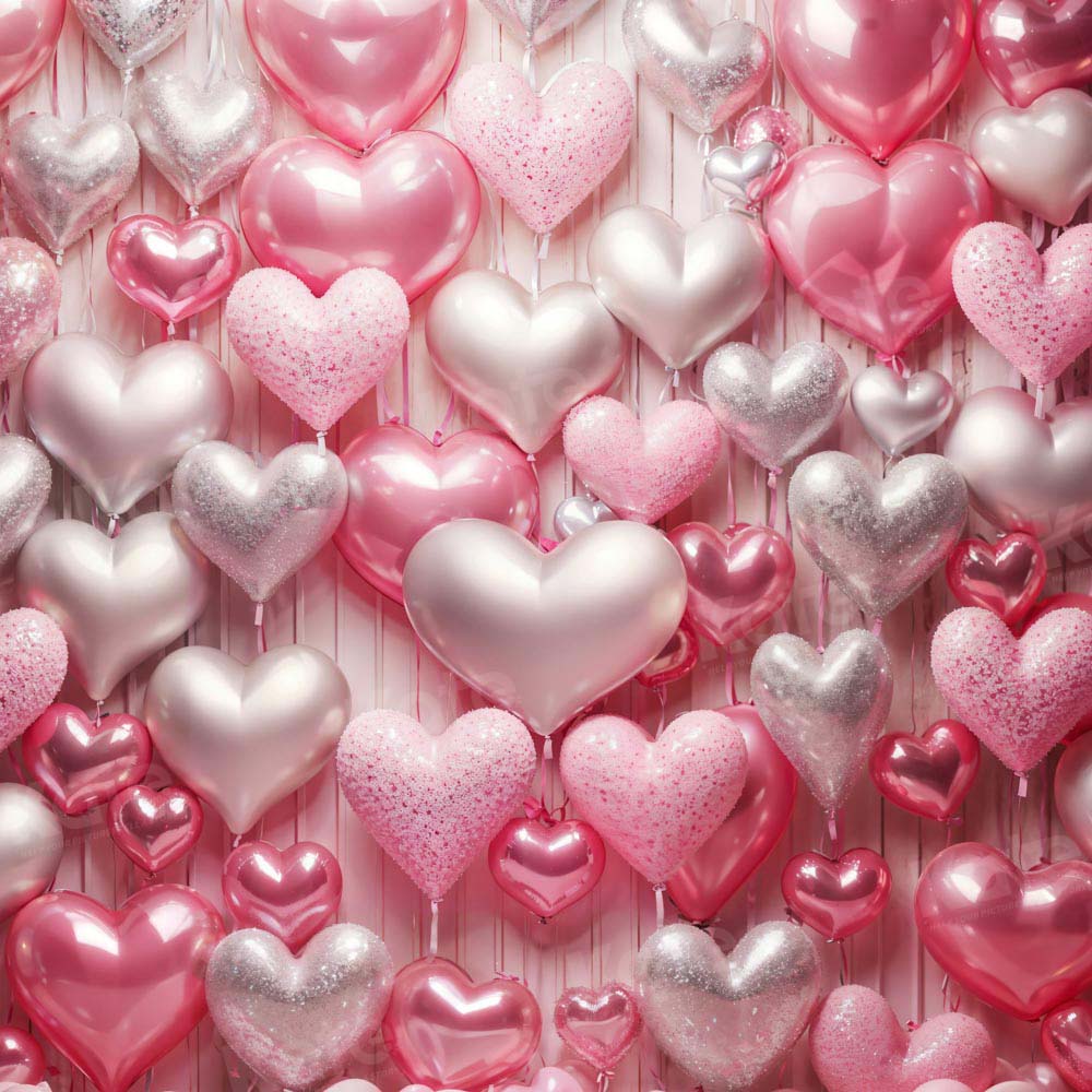 Kate Valentine's Day Pink and Silver Love Heart Balloon Printed Backdrop Designed by Emetselch