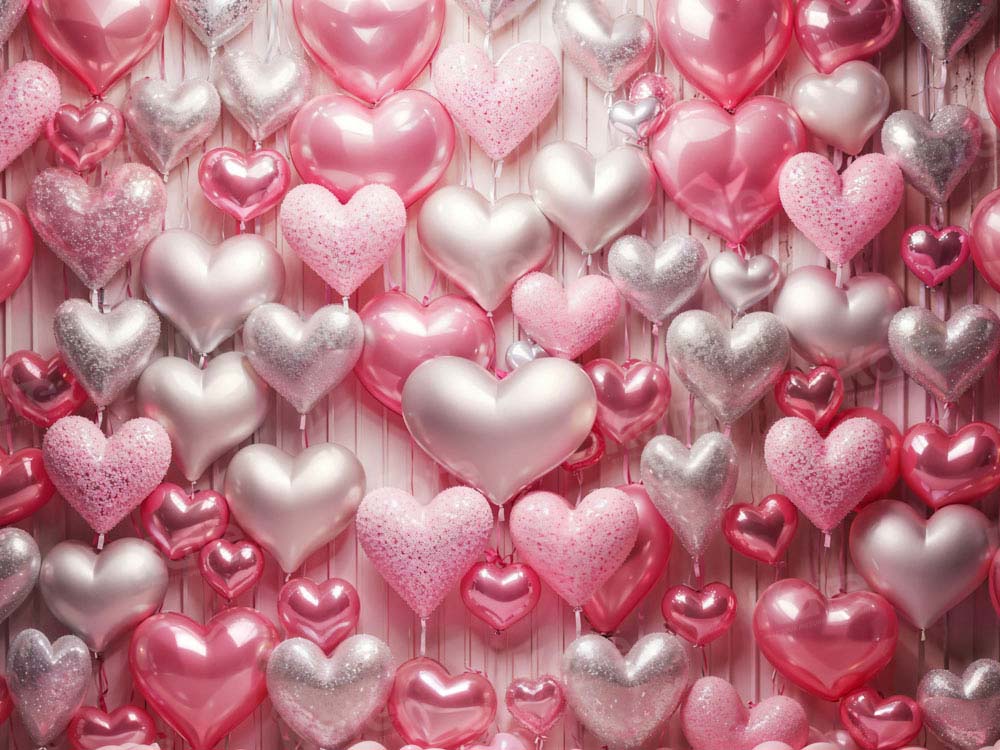 Kate Valentine's Day Pink and Silver Love Heart Balloon Printed Backdrop Designed by Emetselch