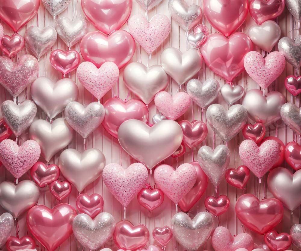 Kate Valentine's Day Pink and Silver Love Heart Balloon Printed Backdrop Designed by Emetselch