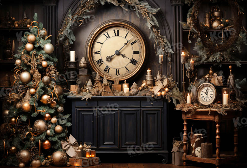 Kate Victorian Christmas Clock Printed Backdrop for Photography