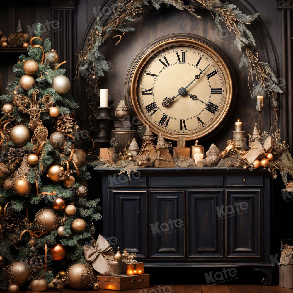 Kate Victorian Christmas Clock Printed Backdrop for Photography