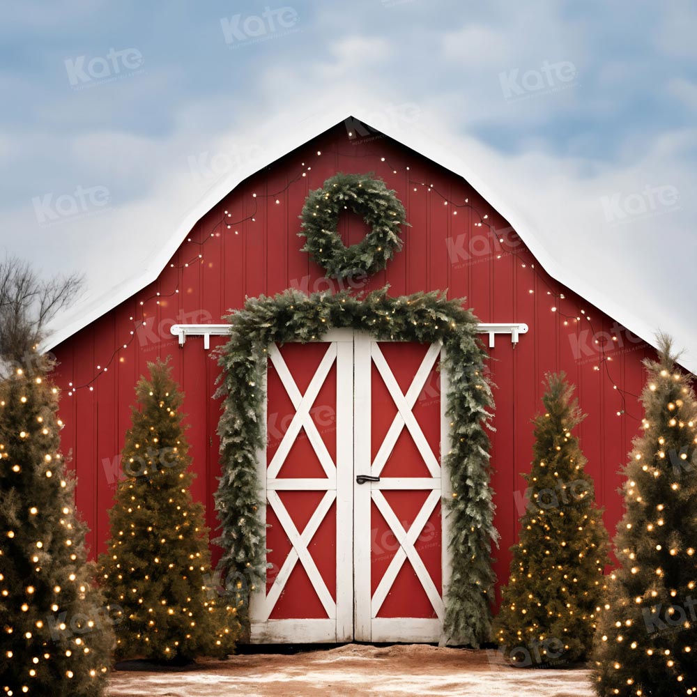 Kate Christmas Tree Red Barn Backdrop for Photography