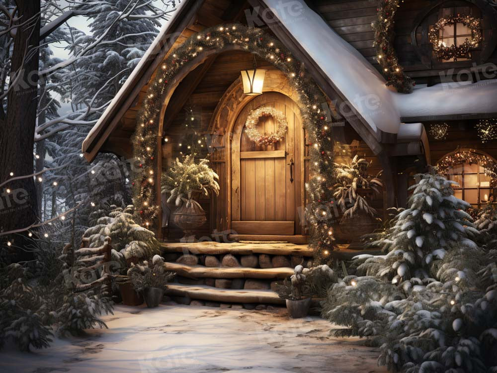 Kersthuisje van hout met sneeuwachtergrond ontworpen door Chain Photography