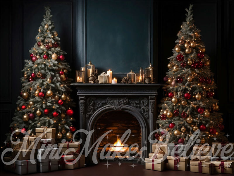 Kate Luxury Navy Winter Christmas Fireplace with Trees Backdrop Designed by Mini MakeBelieve