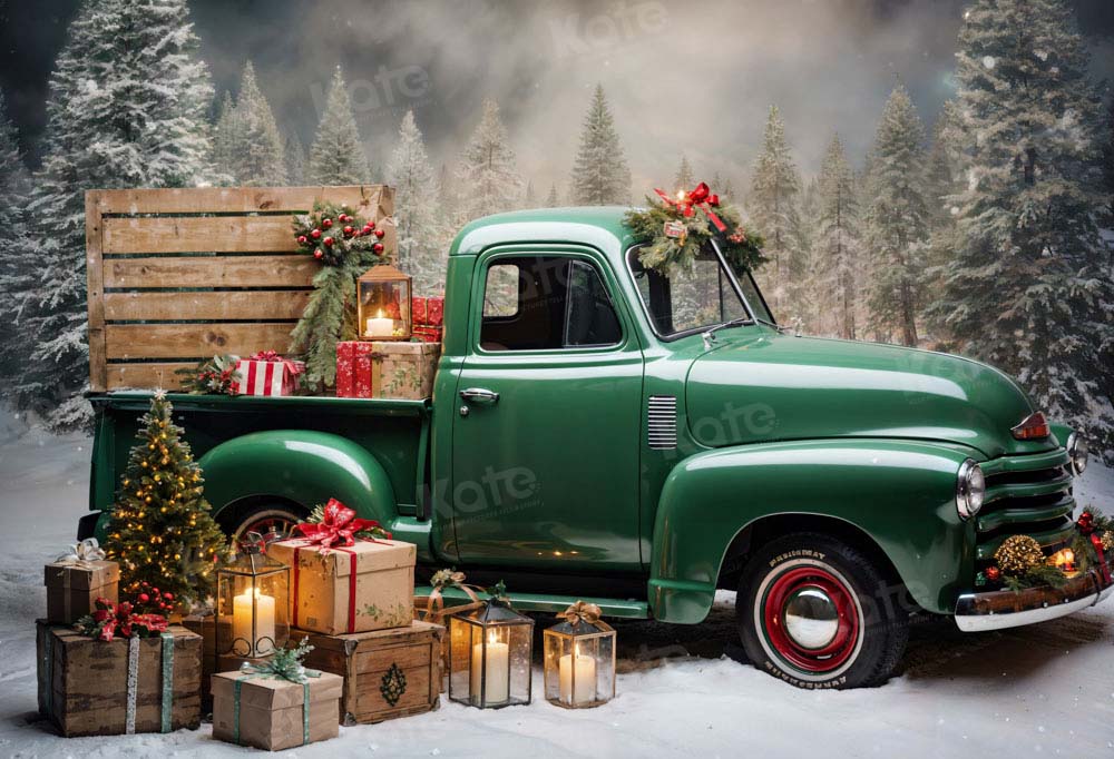 Kate Christmas Gift Green Truck Printed Backdrop Designed by Emetselch