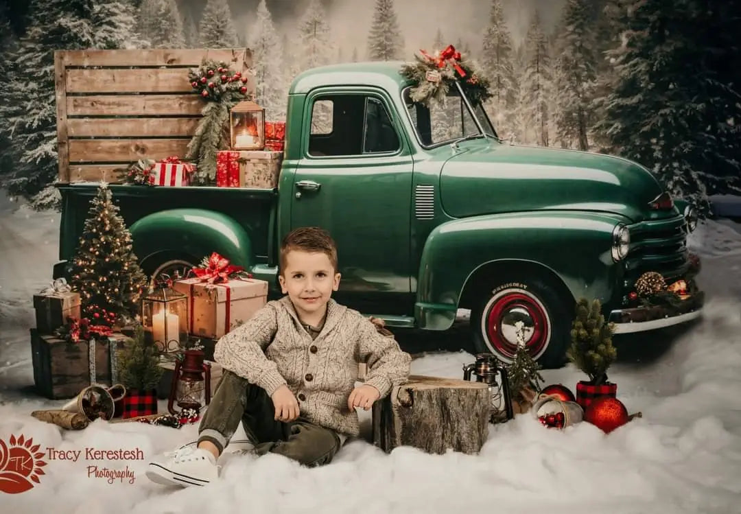 Kate Christmas Gift Green Truck Printed Backdrop Designed by Emetselch