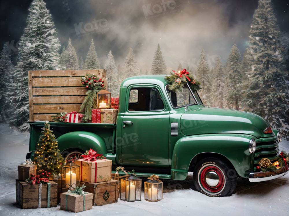 Kate Christmas Gift Green Truck Printed Backdrop Designed by Emetselch