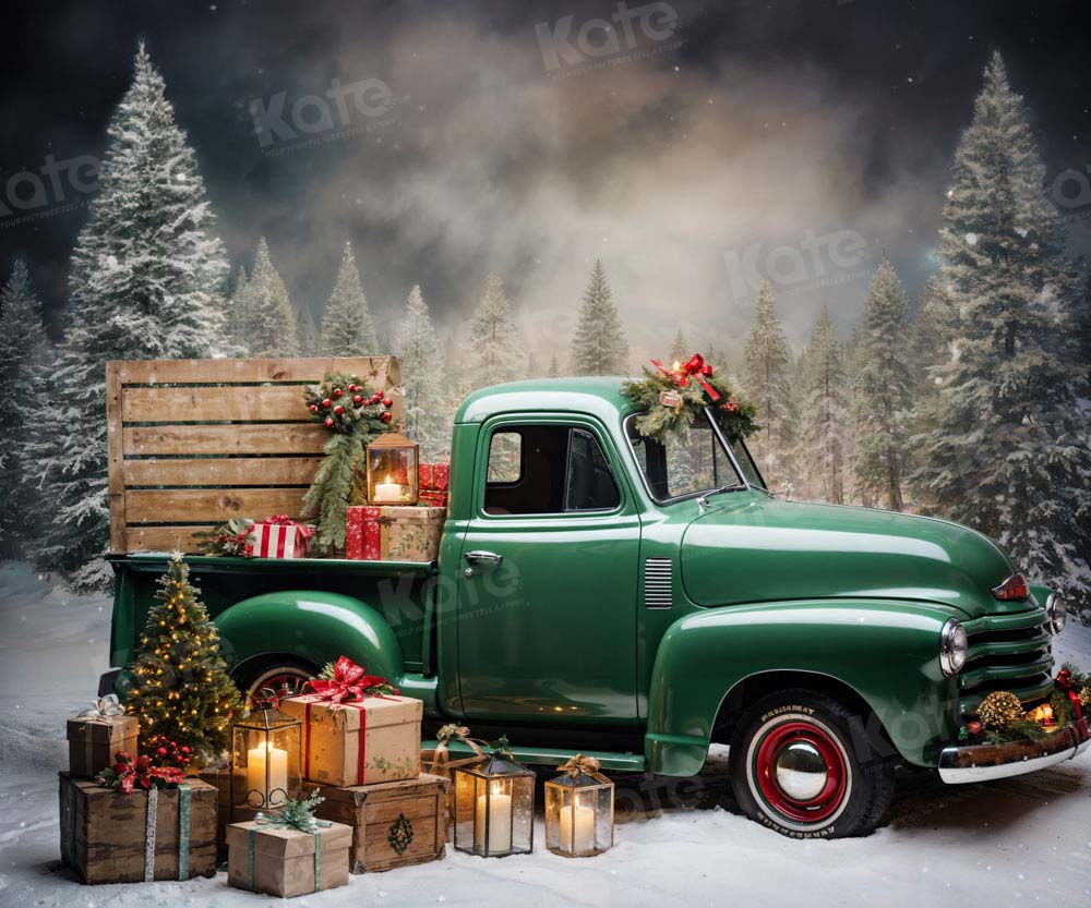 Kate Christmas Gift Green Truck Printed Backdrop Designed by Emetselch