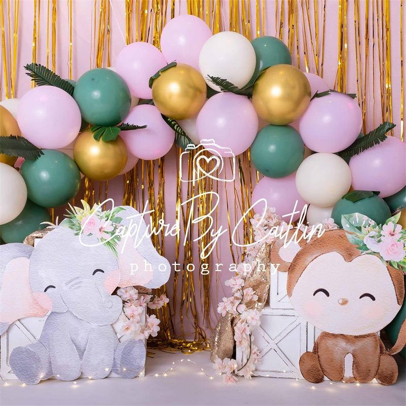 Compleanno Palloncino Rosa Sfondo Giungla - Progettato da Caitlin Lynch